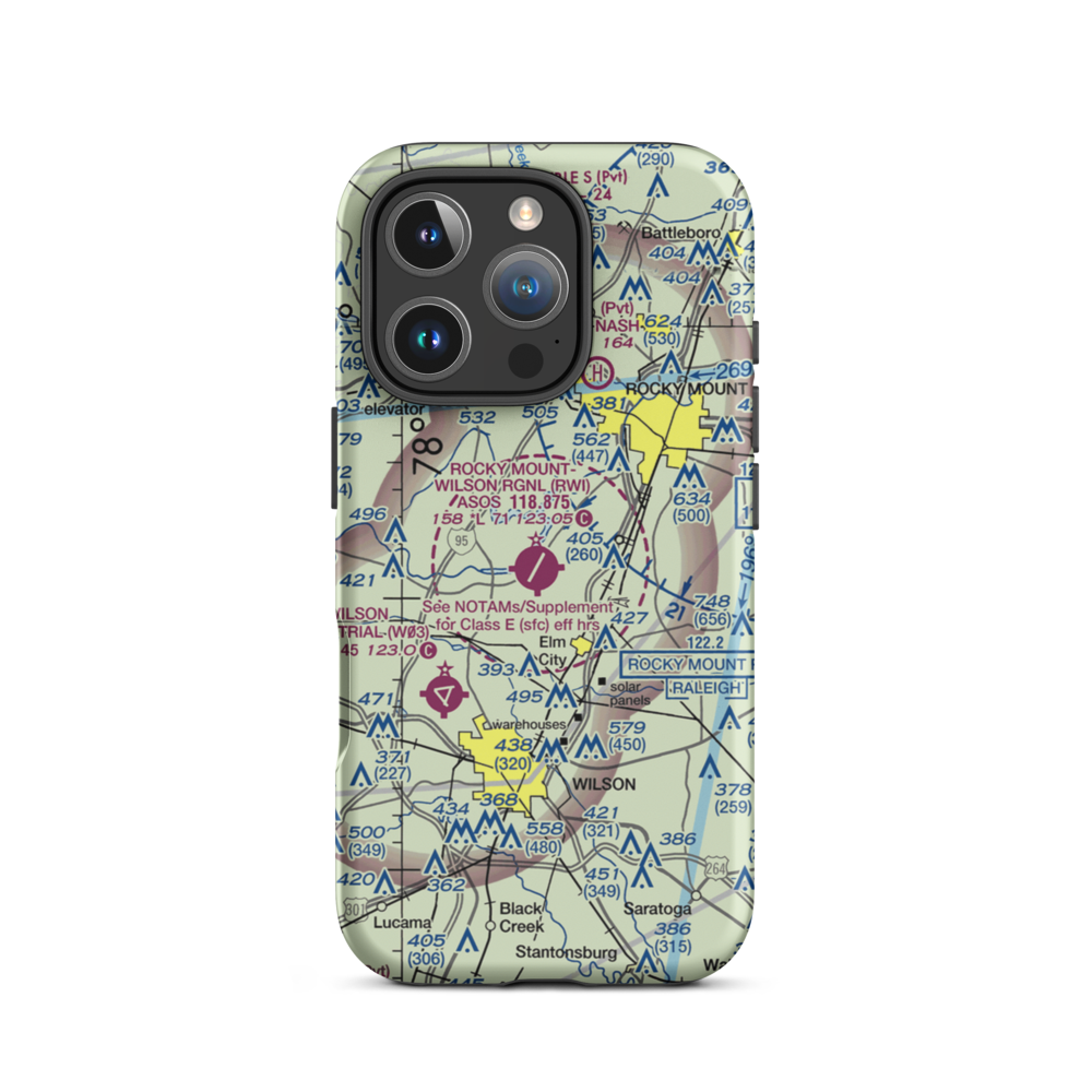 Rocky Mount Wilson Regional Airport (RWI) VFR Sectional  Tough iPhone Case iPhone 16 Pro model shown