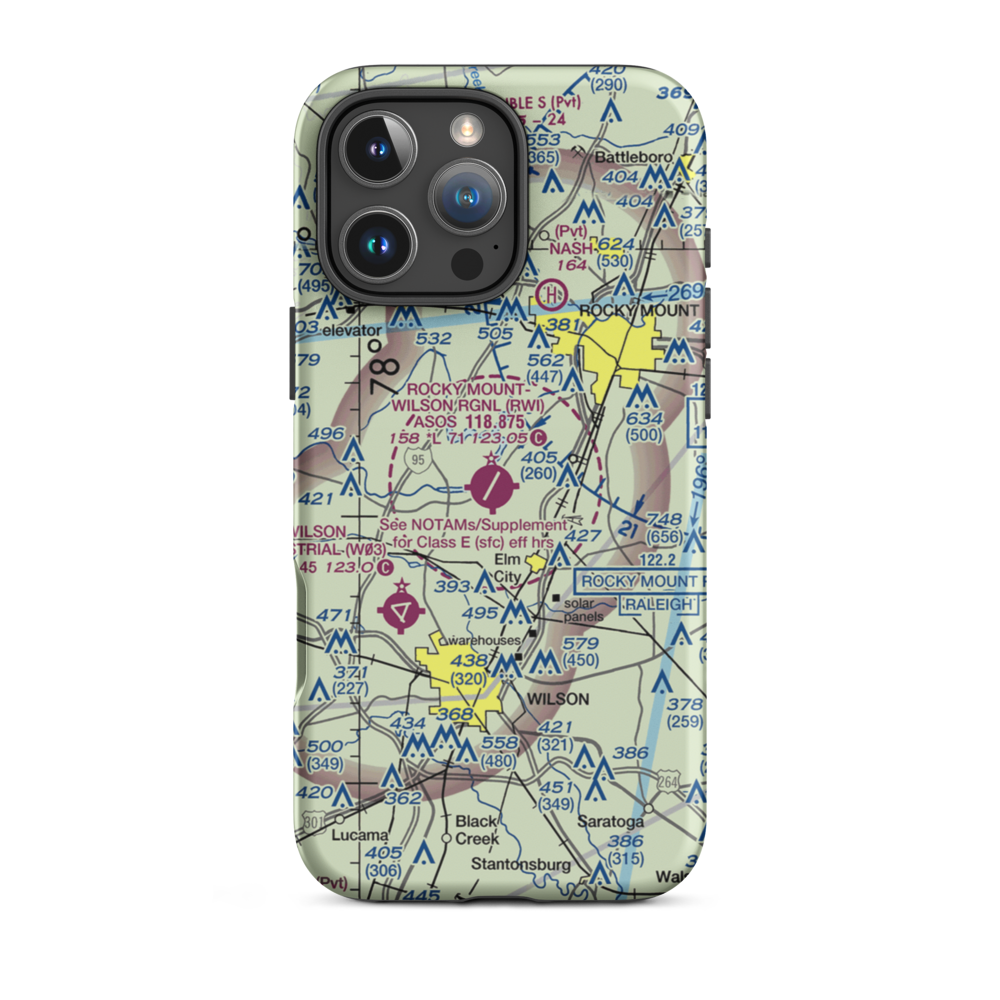 Rocky Mount Wilson Regional Airport (RWI) VFR Sectional  Tough iPhone Case iPhone 16 Pro Max model shown