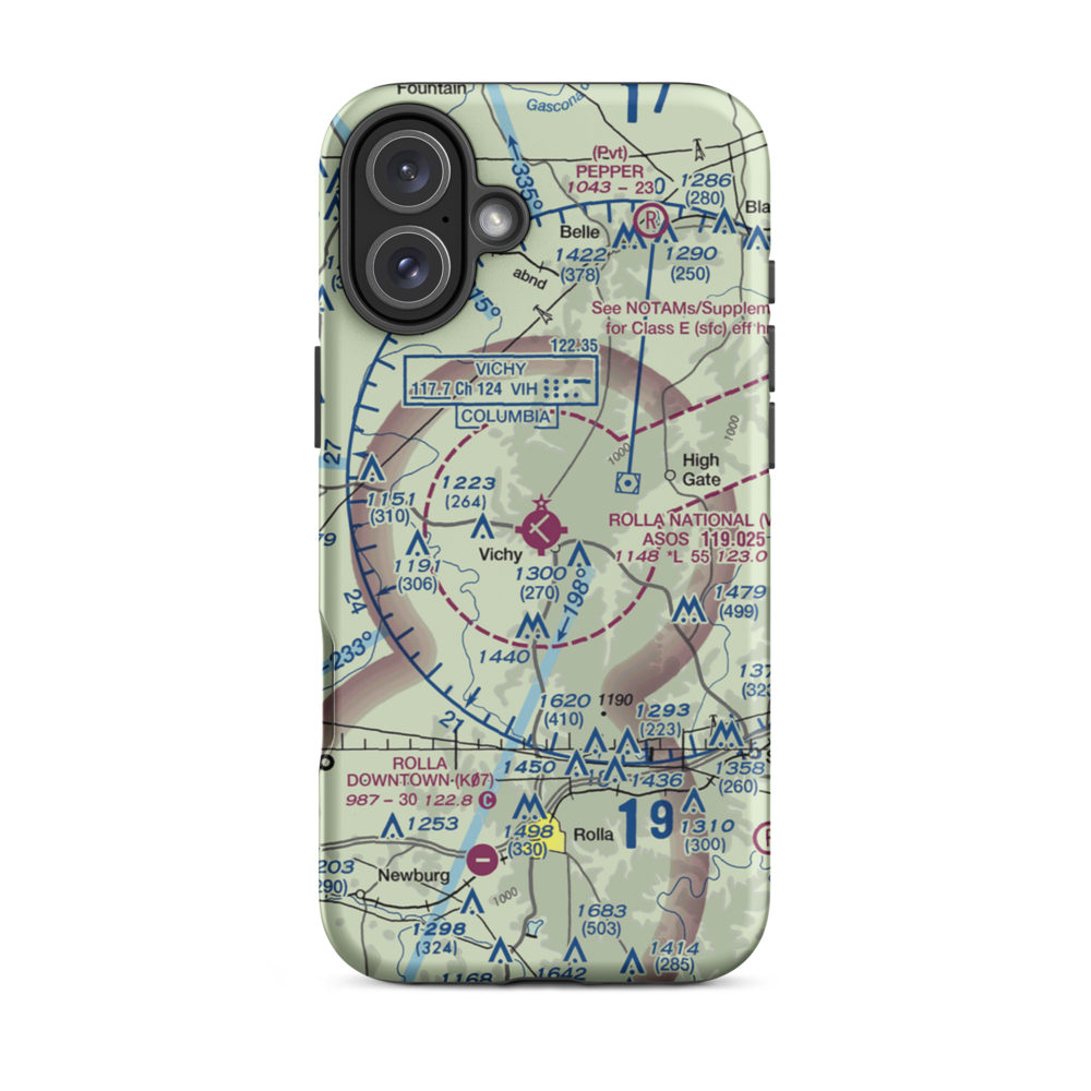 Rolla National Airport (VIH) VFR Sectional  Tough iPhone Case iPhone 16 Plus model shown
