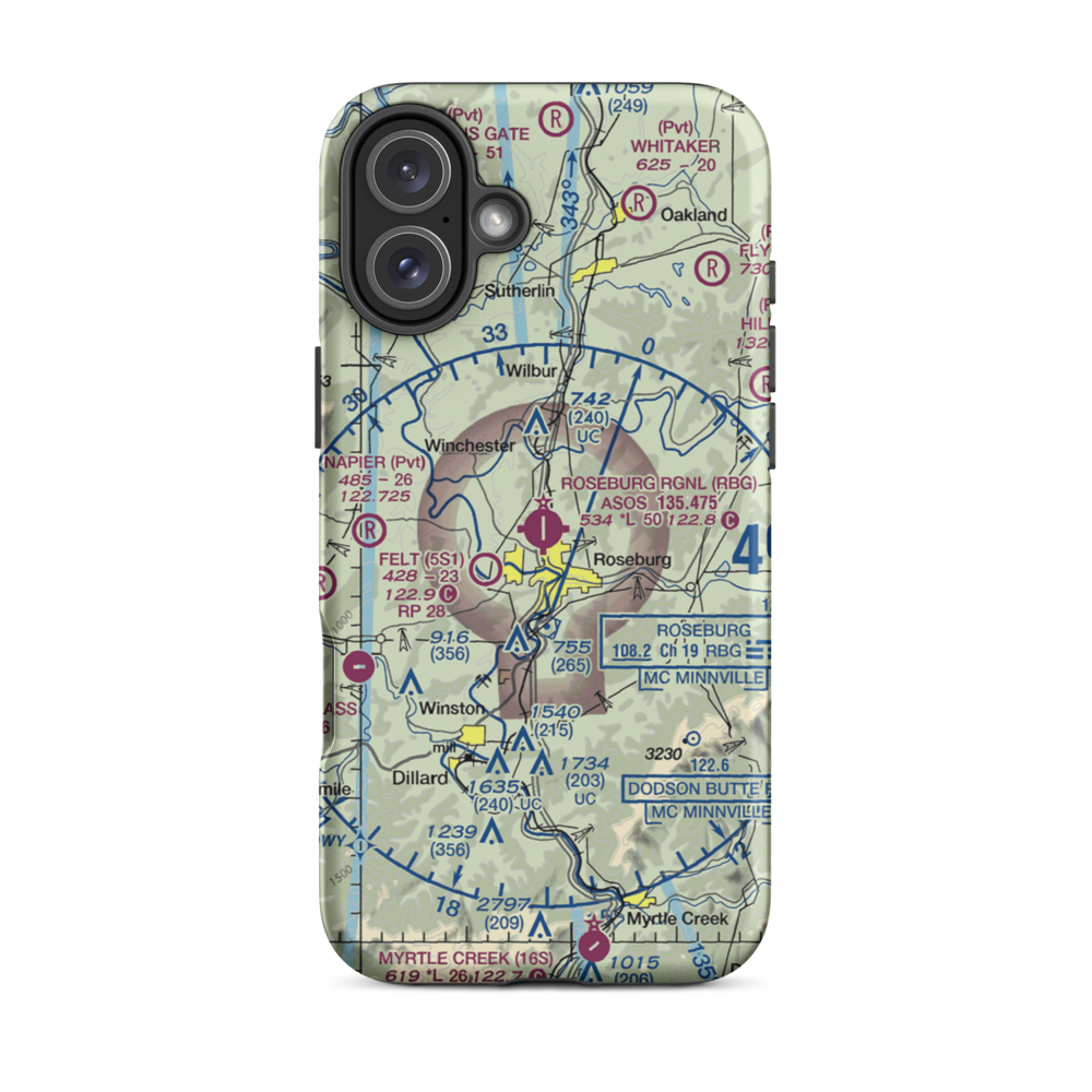 Roseburg Regional Airport (RBG) VFR Sectional  Tough iPhone Case iPhone 16 Plus model shown