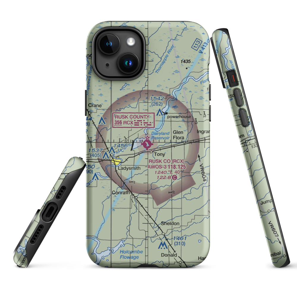 Rusk County Airport (RCX) VFR Sectional  Tough iPhone Case iPhone 15 Plus model shown