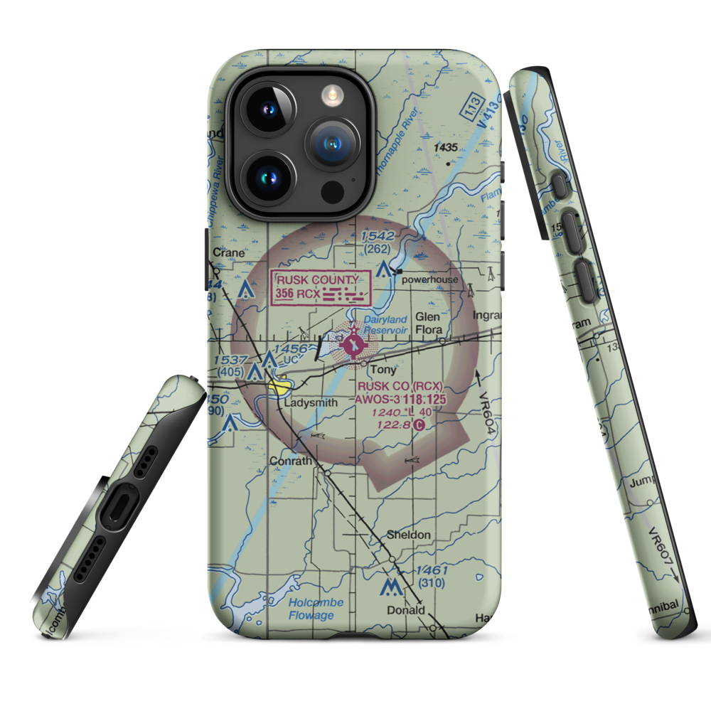 Rusk County Airport (RCX) VFR Sectional  Tough iPhone Case iPhone 15 Pro Max model shown