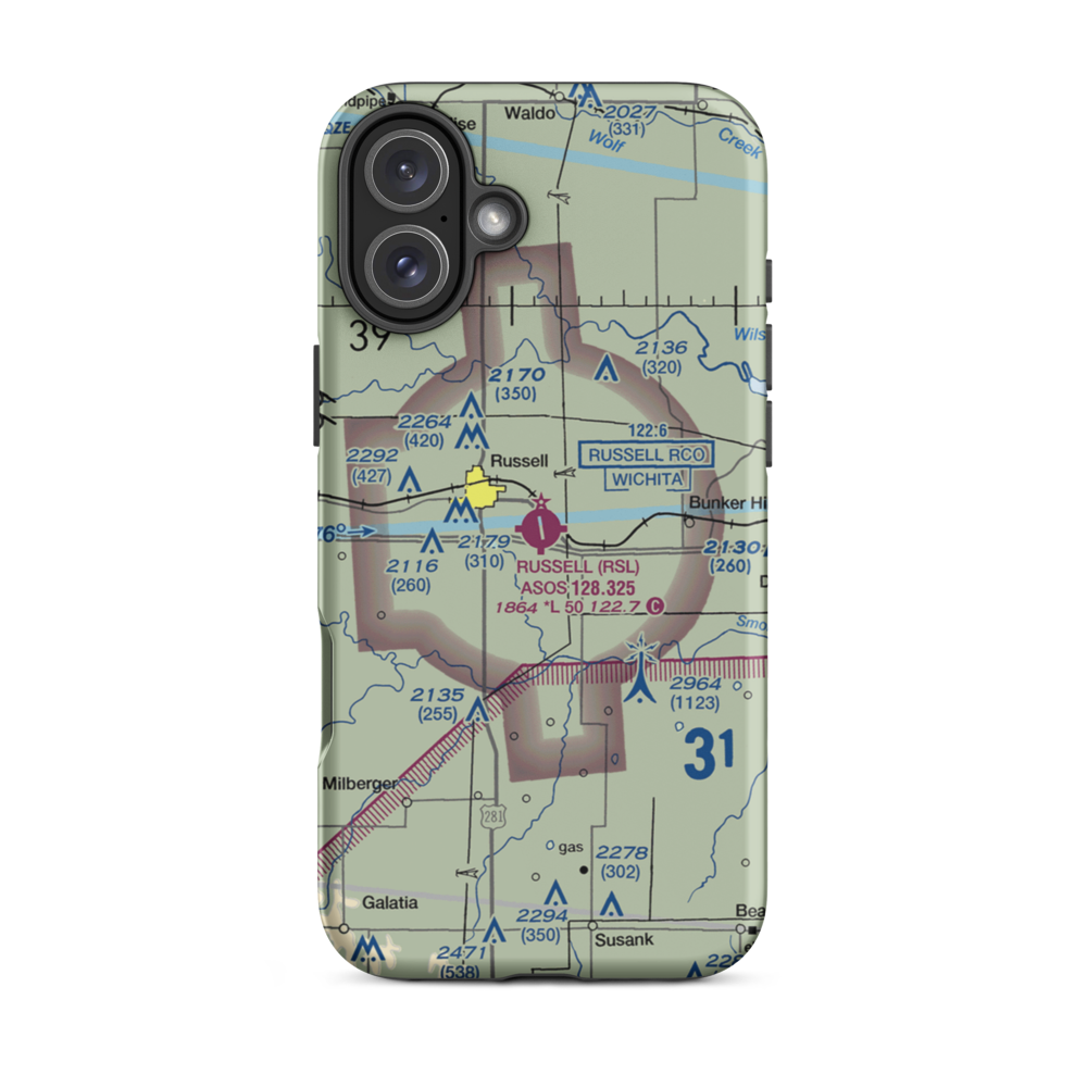 Russell Municipal Airport (RSL) VFR Sectional  Tough iPhone Case iPhone 16 Plus model shown