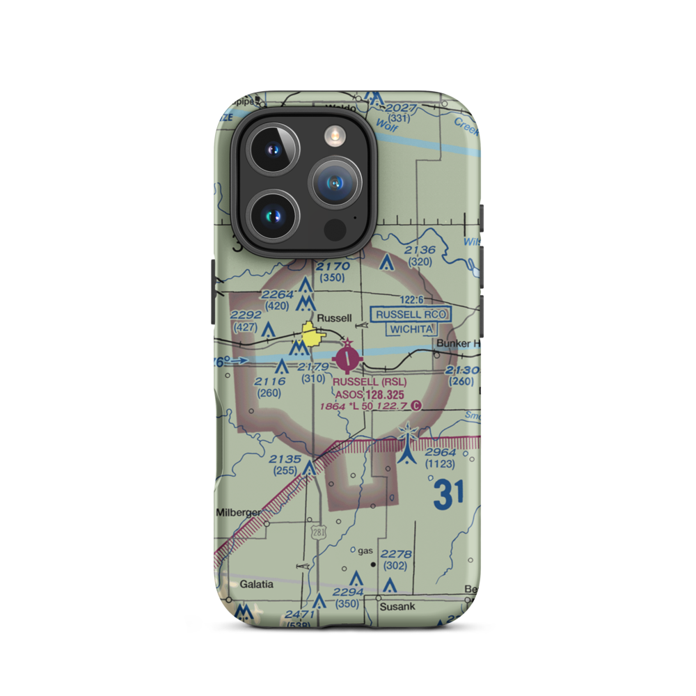 Russell Municipal Airport (RSL) VFR Sectional  Tough iPhone Case iPhone 16 Pro model shown