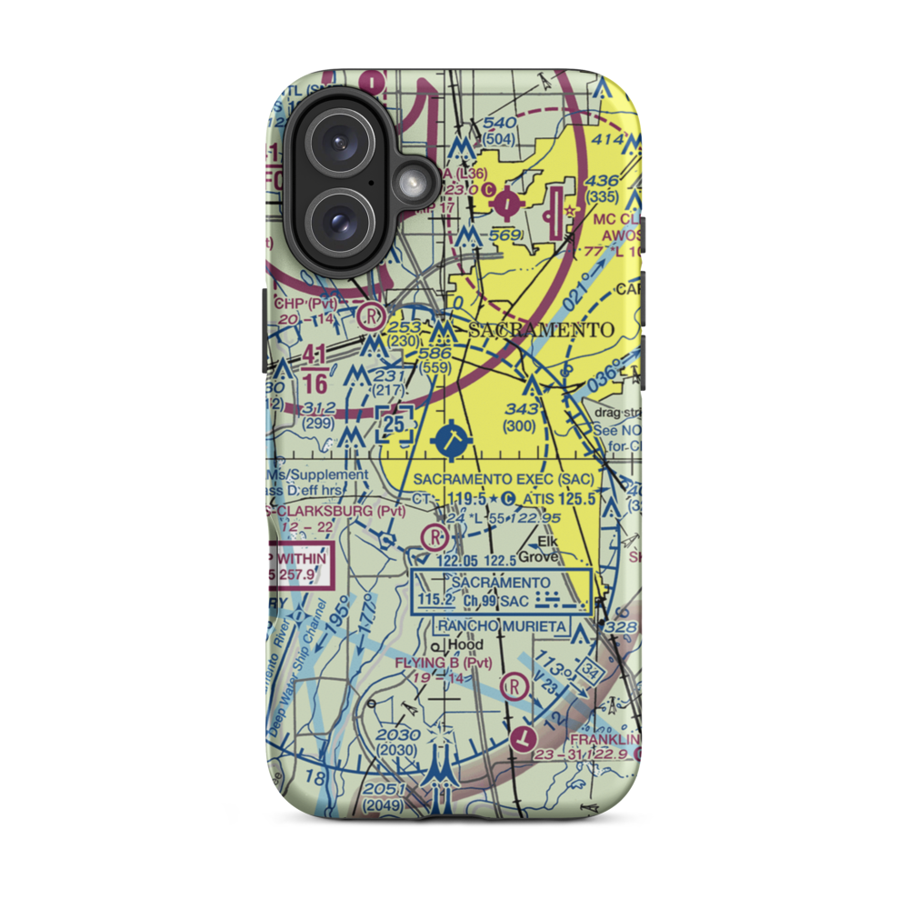 Sacramento Executive Airport (SAC) VFR Sectional  Tough iPhone Case iPhone 16 Plus model shown