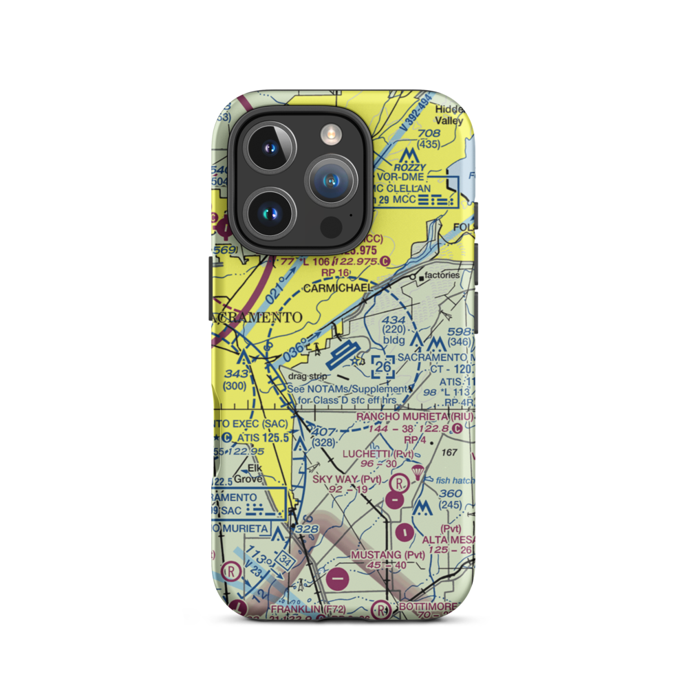 Sacramento Mather Airport (MHR) VFR Sectional  Tough iPhone Case iPhone 16 Pro model shown