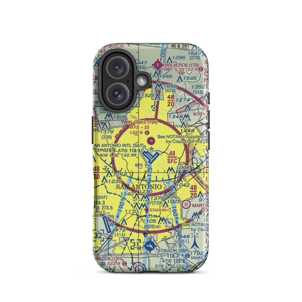 San Antonio International Airport (SAT) VFR Sectional  Tough iPhone Case iPhone 16 model shown