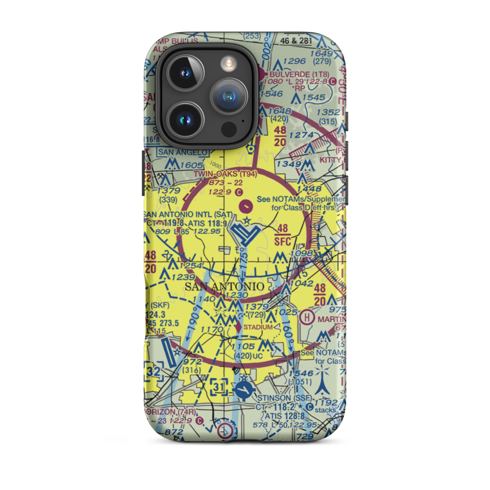 San Antonio International Airport (SAT) VFR Sectional  Tough iPhone Case iPhone 16 Pro Max model shown