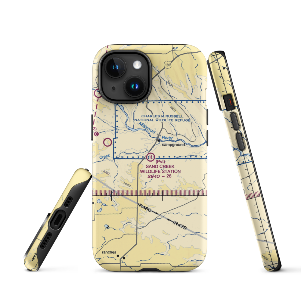 Sand Creek Wildlife Station Airport (MT79) VFR Sectional  Tough iPhone Case iPhone 15 model shown