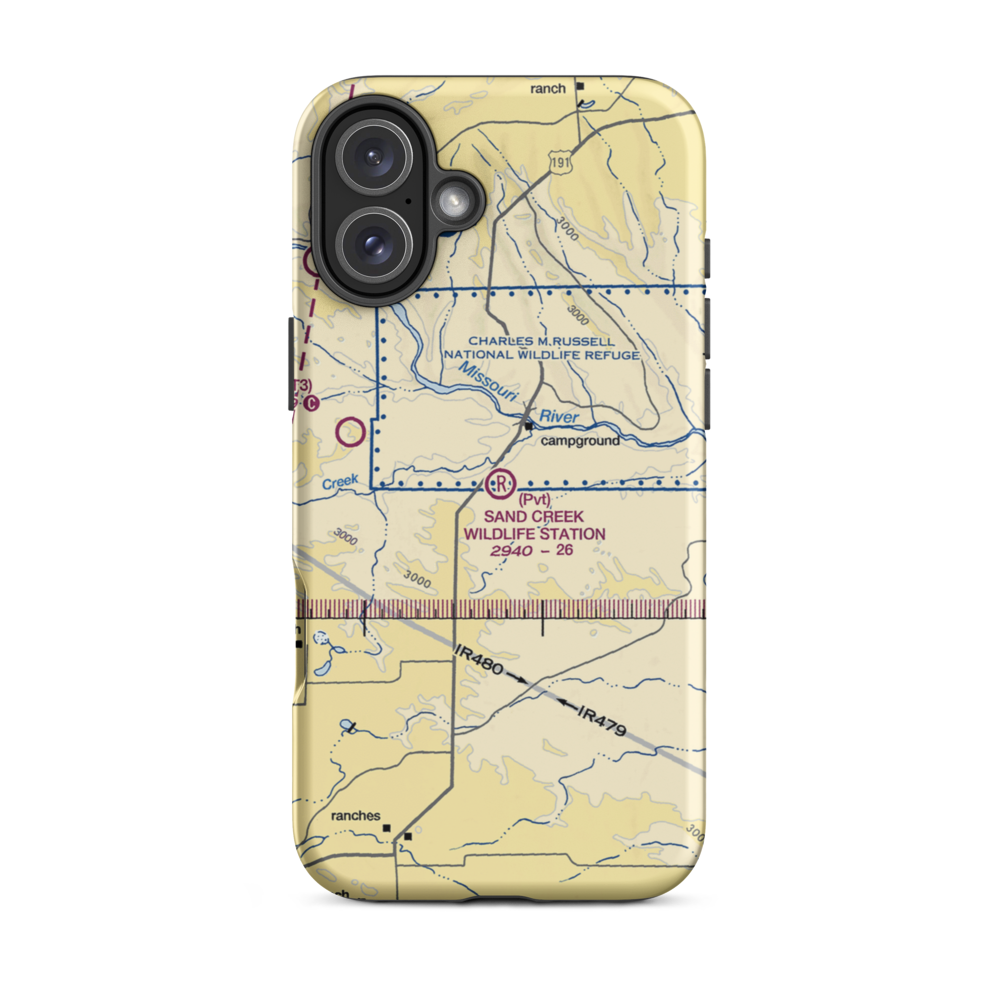 Sand Creek Wildlife Station Airport (MT79) VFR Sectional  Tough iPhone Case iPhone 16 Plus model shown