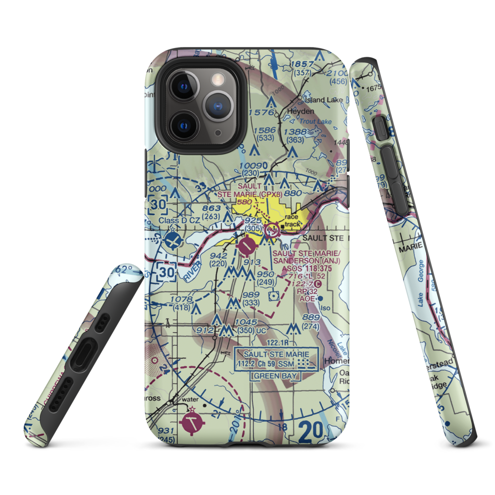 Sault Ste Marie Municipal Sanderson Field (ANJ) VFR Sectional  Tough iPhone Case iPhone 11 Pro model shown