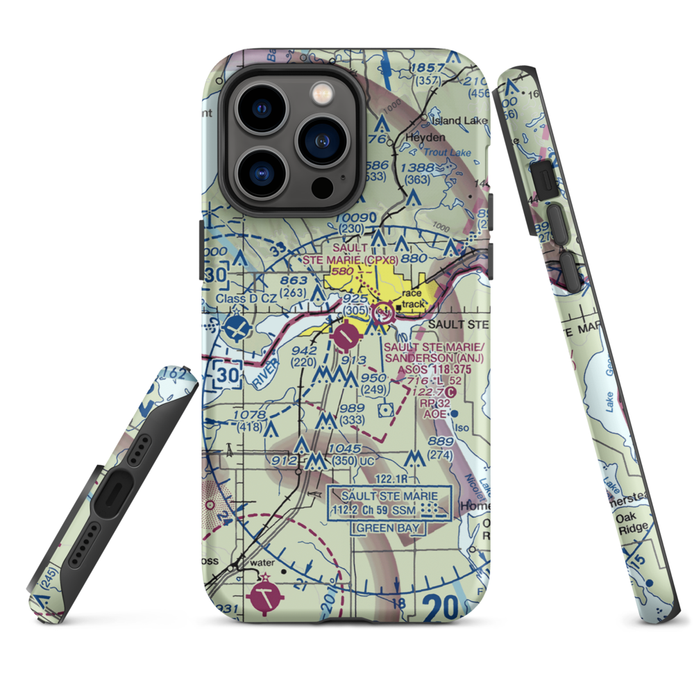 Sault Ste Marie Municipal Sanderson Field (ANJ) VFR Sectional  Tough iPhone Case iPhone 14 Pro Max model shown