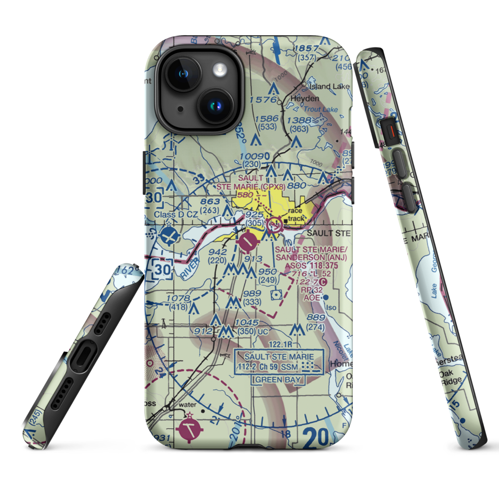 Sault Ste Marie Municipal Sanderson Field (ANJ) VFR Sectional  Tough iPhone Case iPhone 15 Plus model shown