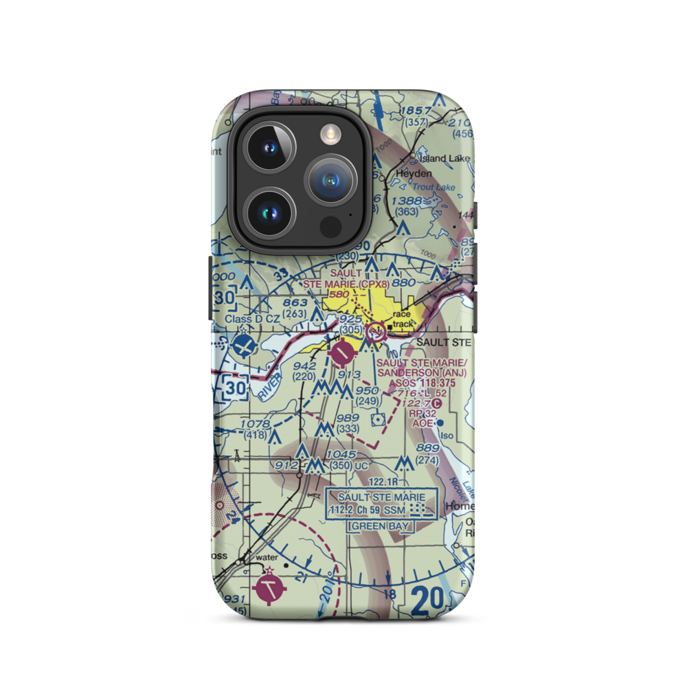 Sault Ste Marie Municipal Sanderson Field (ANJ) VFR Sectional  Tough iPhone Case iPhone 16 Pro model shown