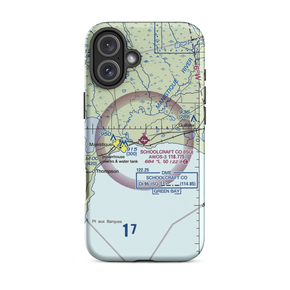 Schoolcraft County Airport (ISQ) VFR Sectional  Tough iPhone Case iPhone 16 Plus model shown