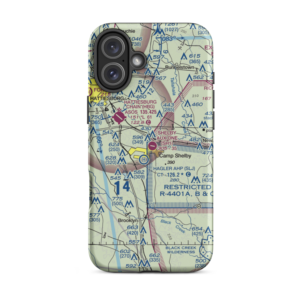 Shelby Auxiliary Field One Airport (SH1) VFR Sectional  Tough iPhone Case iPhone 16 Plus model shown