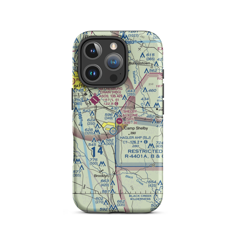 Shelby Auxiliary Field One Airport (SH1) VFR Sectional  Tough iPhone Case iPhone 16 Pro model shown