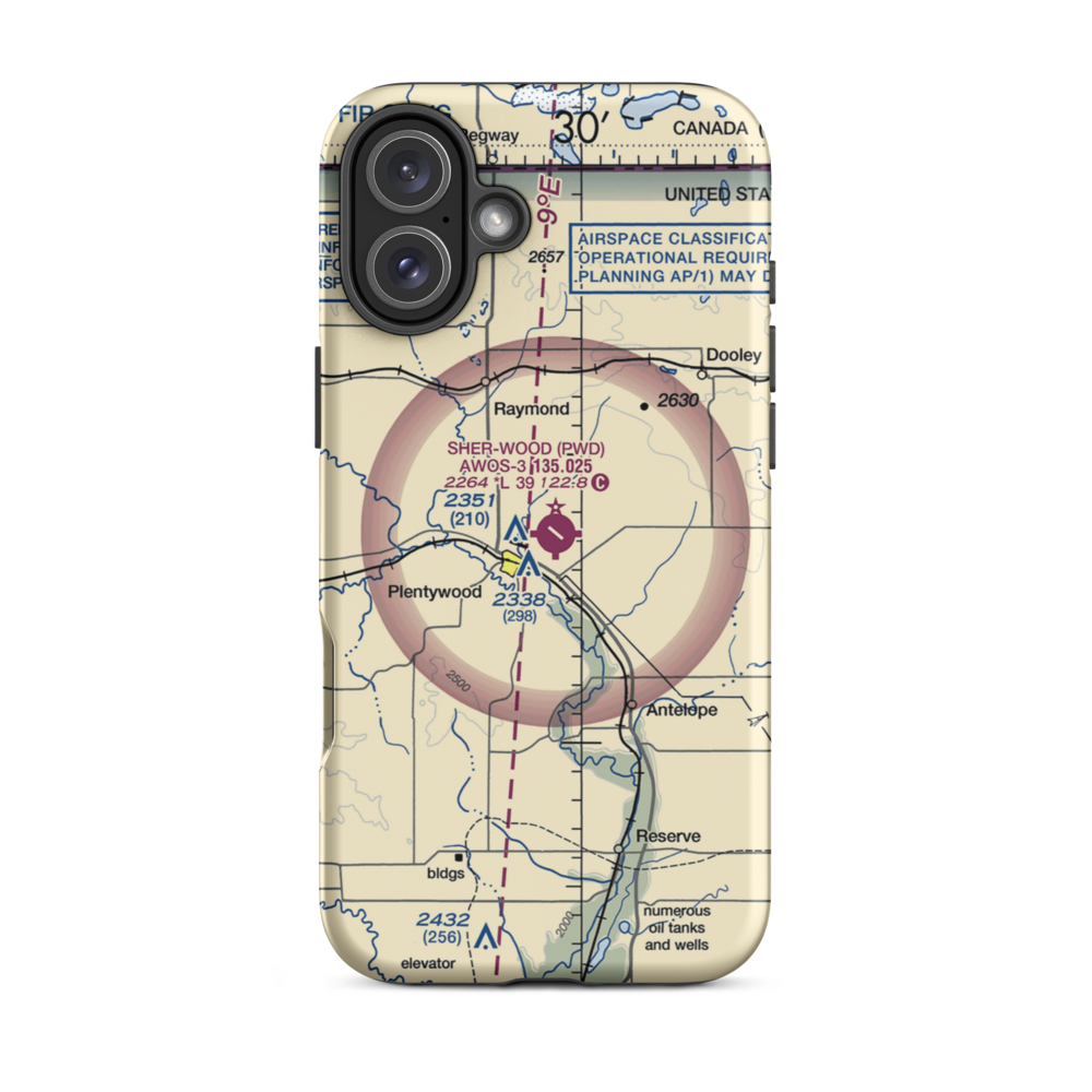 Sher-Wood Airport (PWD) VFR Sectional  Tough iPhone Case iPhone 16 Plus model shown
