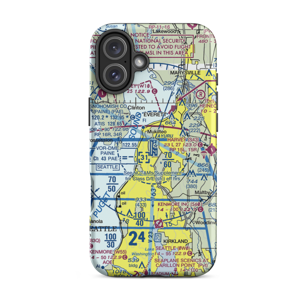 Snohomish County (Paine Field) Airport (PAE) VFR Sectional  Tough iPhone Case iPhone 16 Plus model shown