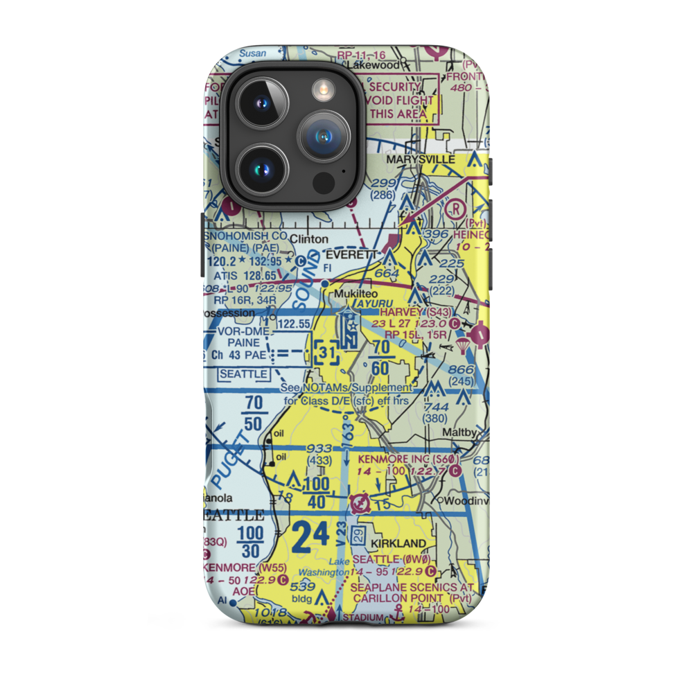 Snohomish County (Paine Field) Airport (PAE) VFR Sectional  Tough iPhone Case iPhone 16 Pro Max model shown