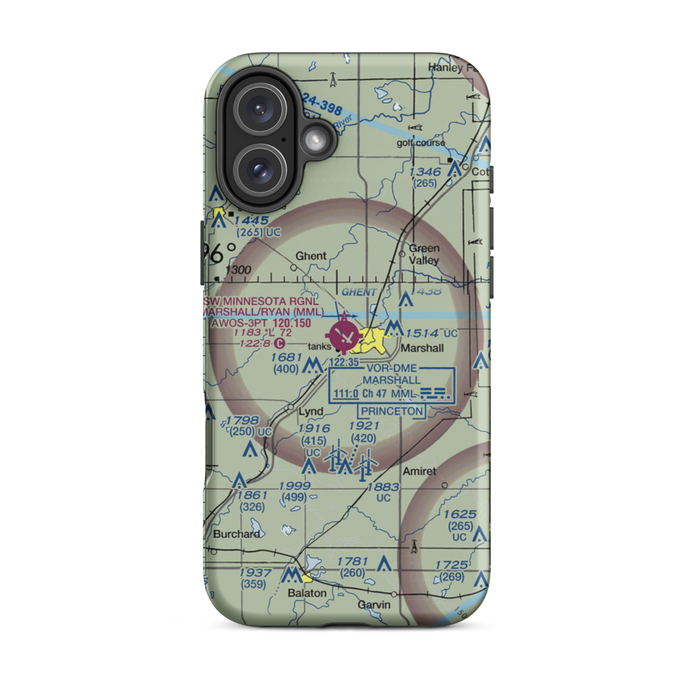 Southwest Minnesota Regional Airport - Marshall/Ryan Field (MML) VFR Sectional  Tough iPhone Case iPhone 16 Plus model shown