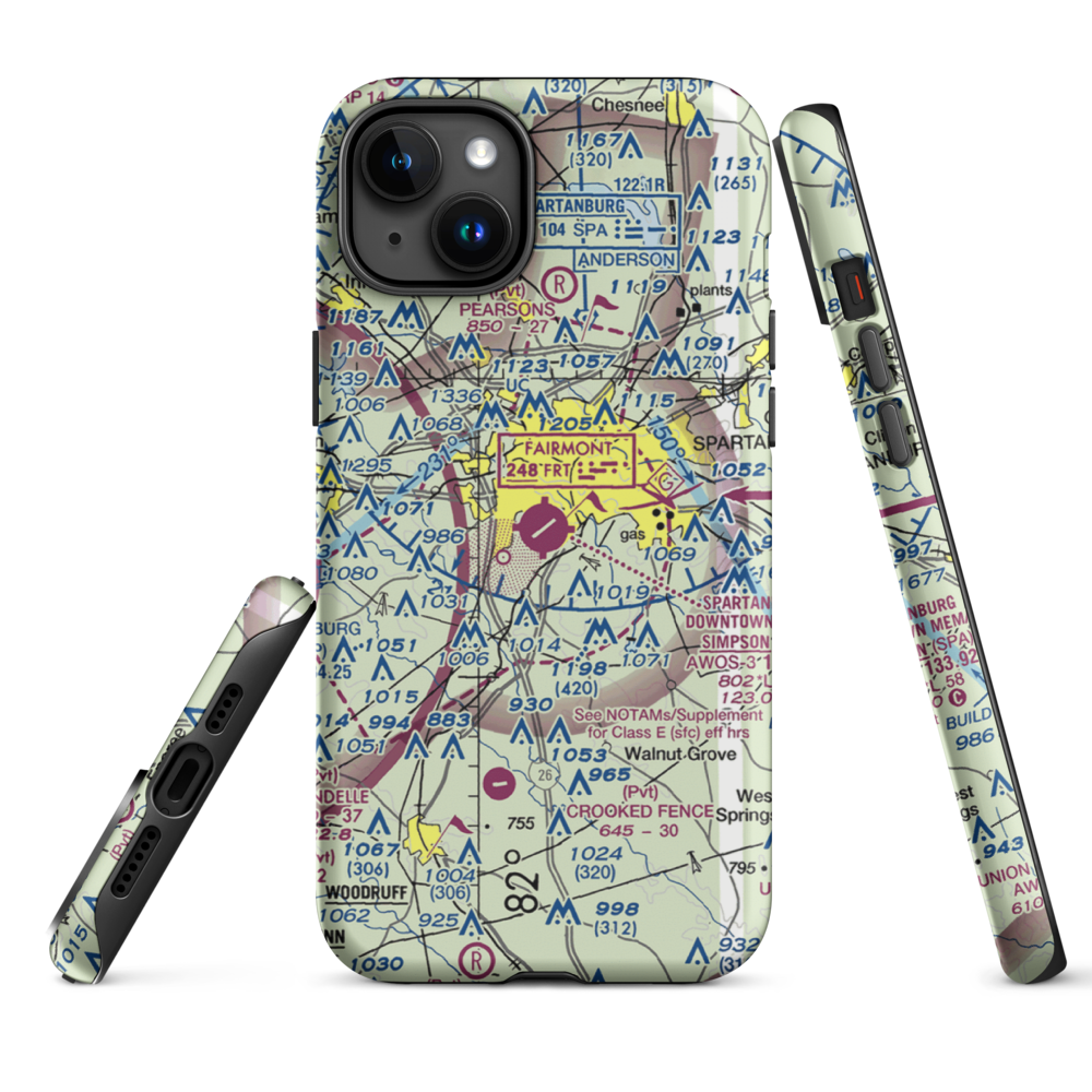 Spartanburg Downtown Memorial Airport (SPA) VFR Sectional  Tough iPhone Case iPhone 15 Plus model shown