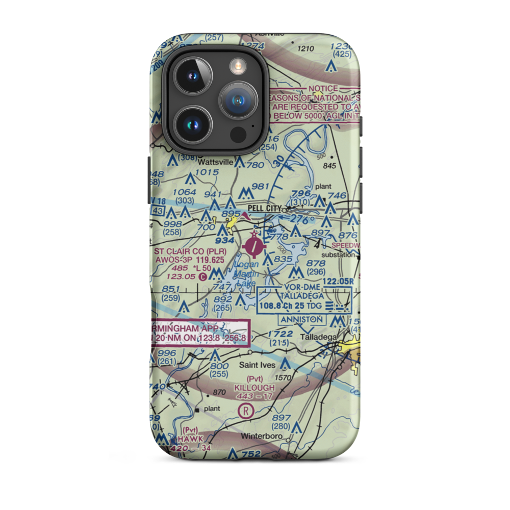 St Clair County Airport (PLR) VFR Sectional  Tough iPhone Case iPhone 16 Pro Max model shown