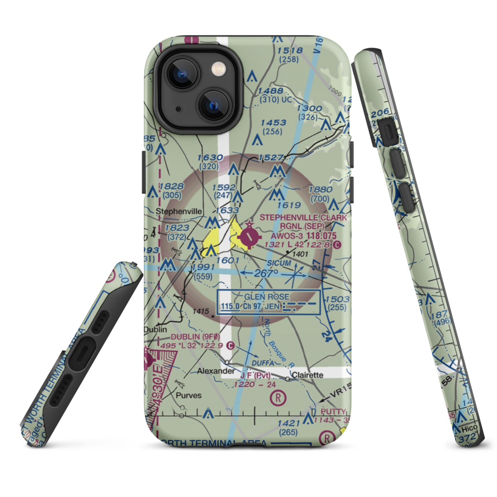 Stephenville Clark Regional Airport (SEP) VFR Sectional  Tough iPhone Case iPhone 14 Plus model shown