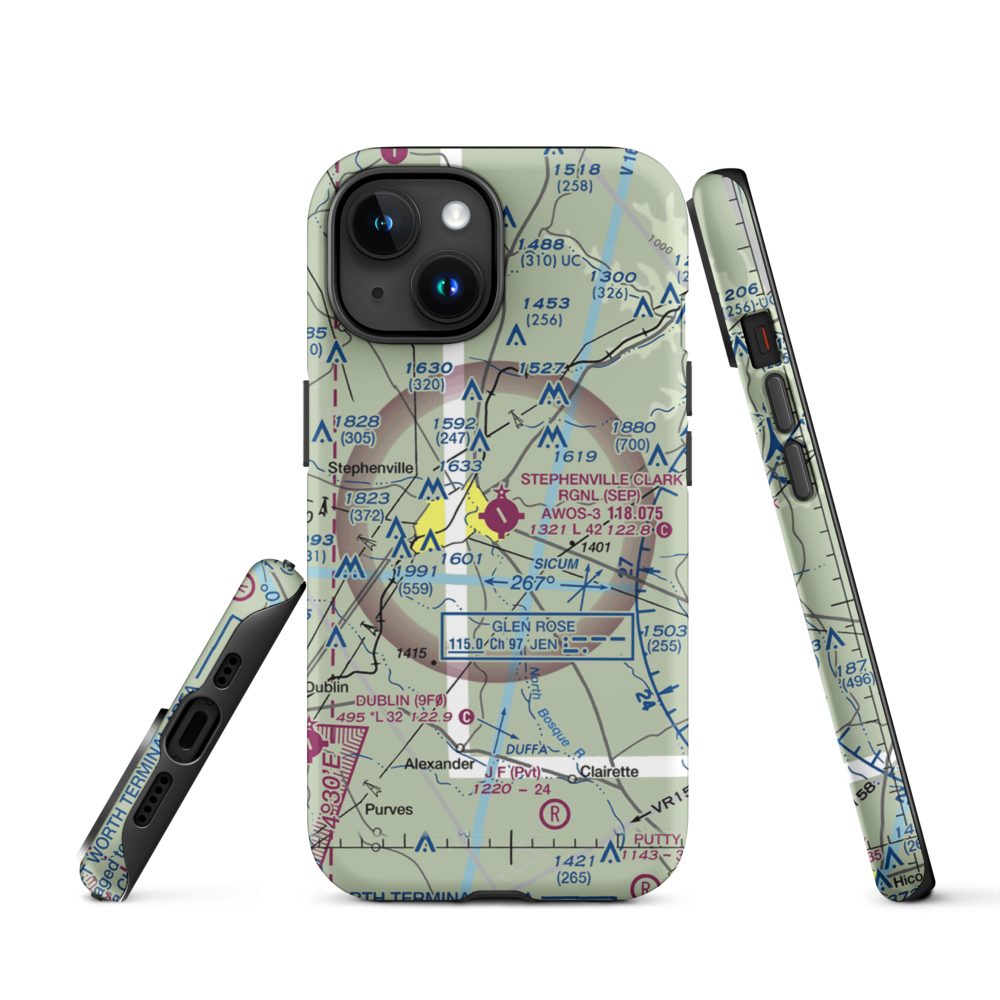 Stephenville Clark Regional Airport (SEP) VFR Sectional  Tough iPhone Case iPhone 15 model shown