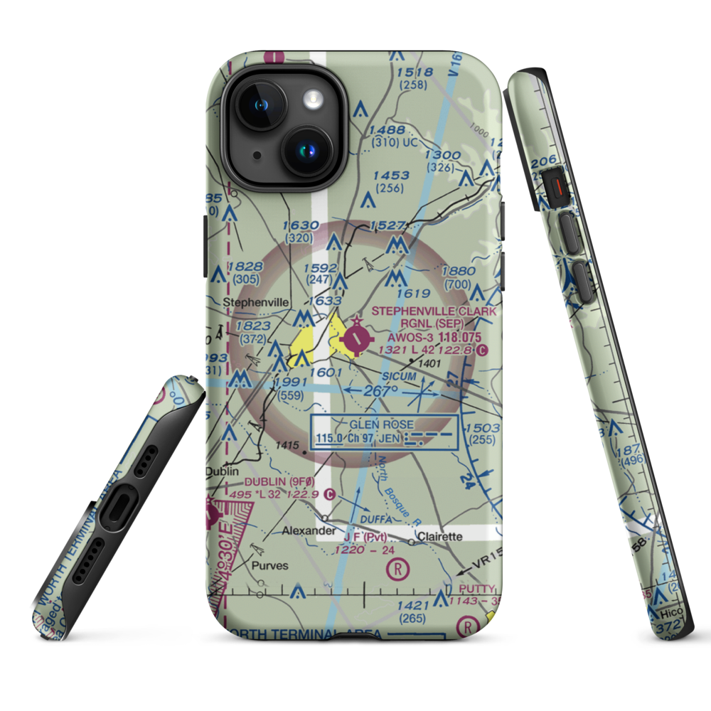 Stephenville Clark Regional Airport (SEP) VFR Sectional  Tough iPhone Case iPhone 15 Plus model shown