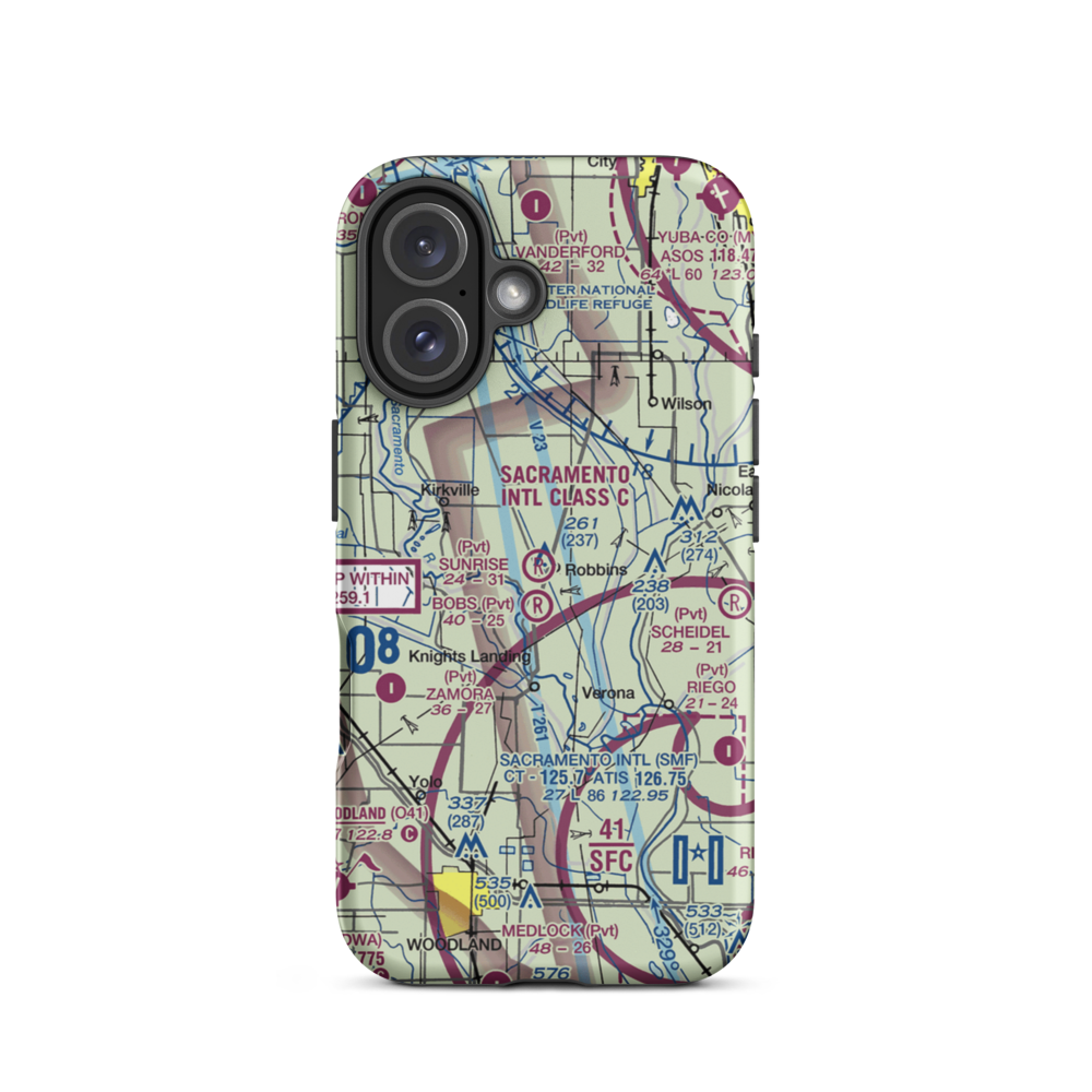 Sunrise Dusters Airport (CA18) VFR Sectional  Tough iPhone Case iPhone 16 model shown