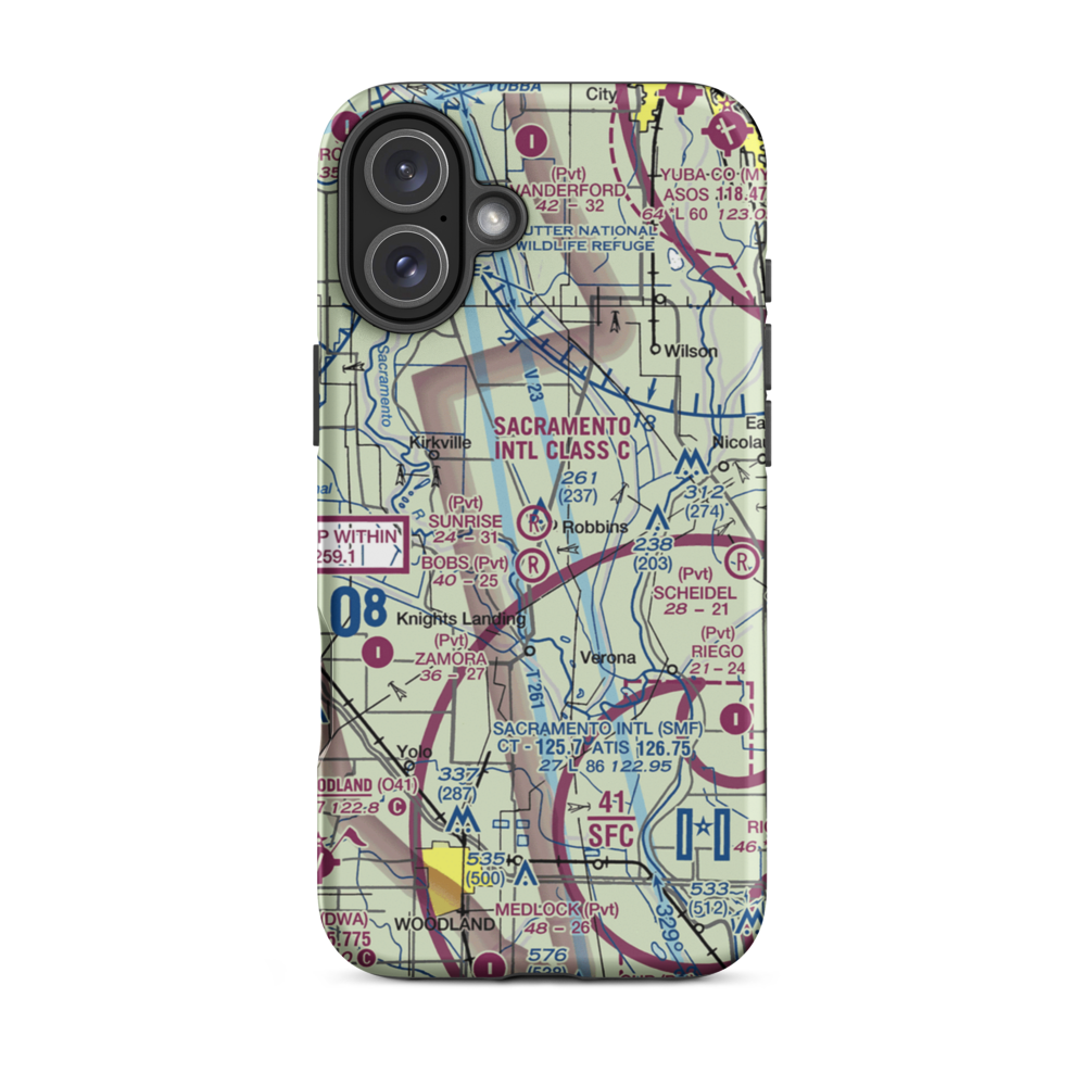 Sunrise Dusters Airport (CA18) VFR Sectional  Tough iPhone Case iPhone 16 Plus model shown