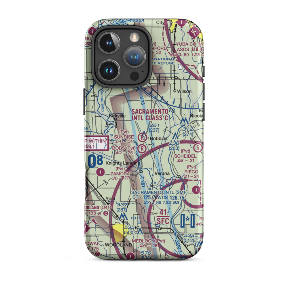 Sunrise Dusters Airport (CA18) VFR Sectional  Tough iPhone Case iPhone 16 Pro Max model shown