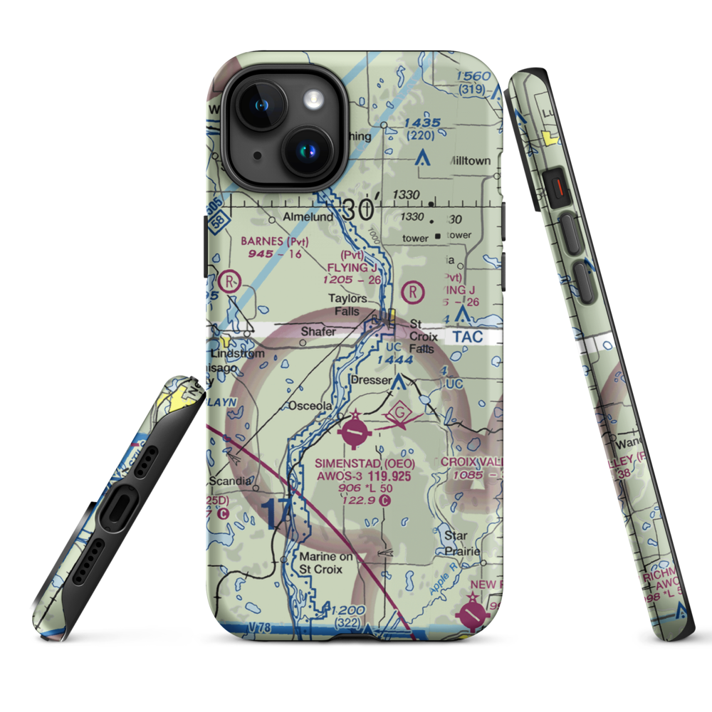 Taylors Falls Airport (62MN) VFR Sectional  Tough iPhone Case iPhone 15 Plus model shown