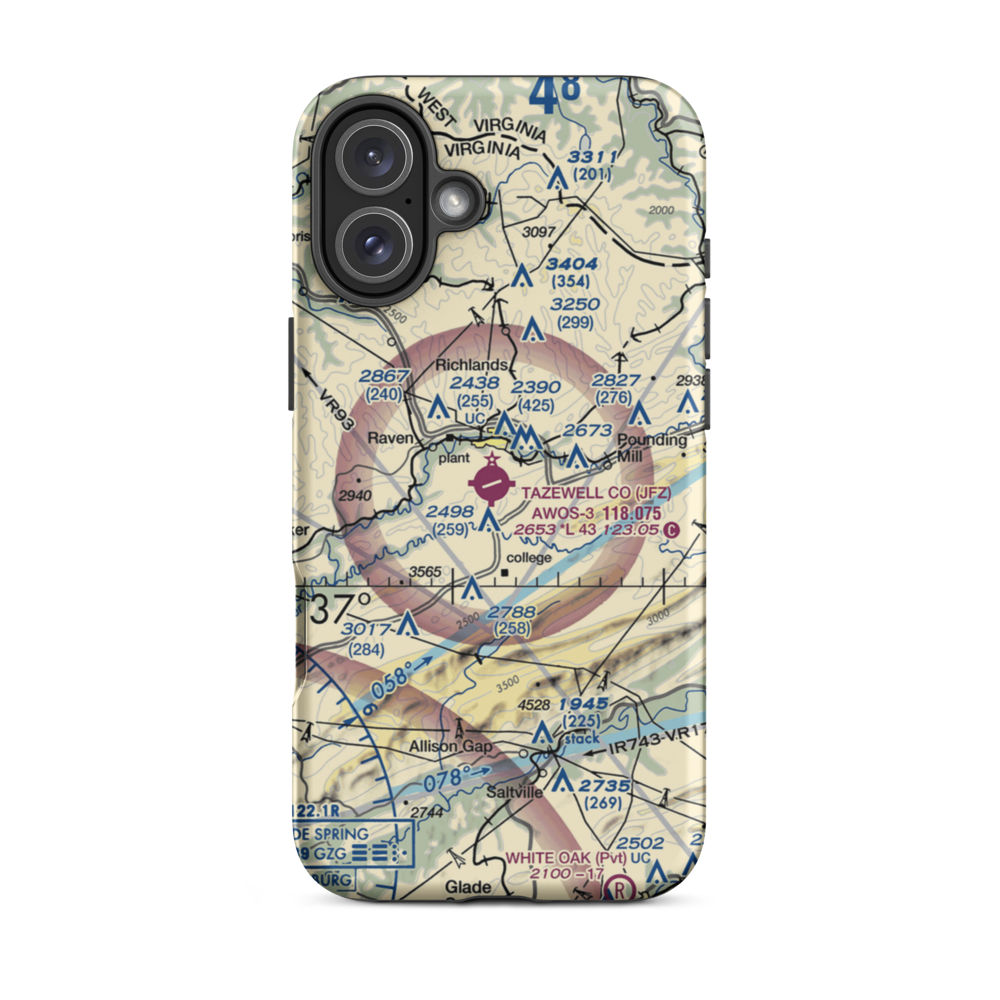 Tazewell County Airport (JFZ) VFR Sectional  Tough iPhone Case iPhone 16 Plus model shown
