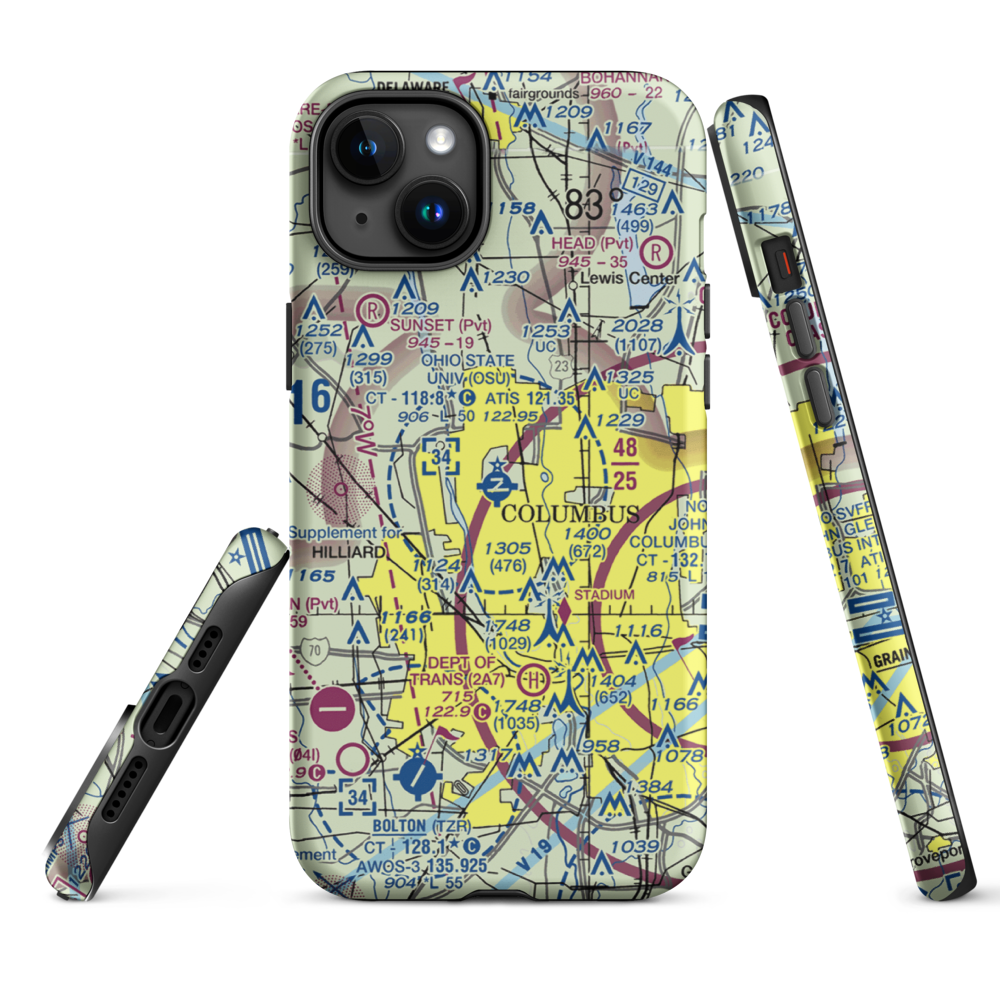 The Ohio State University Airport - Don Scott Field (OSU) VFR Sectional  Tough iPhone Case iPhone 15 Plus model shown