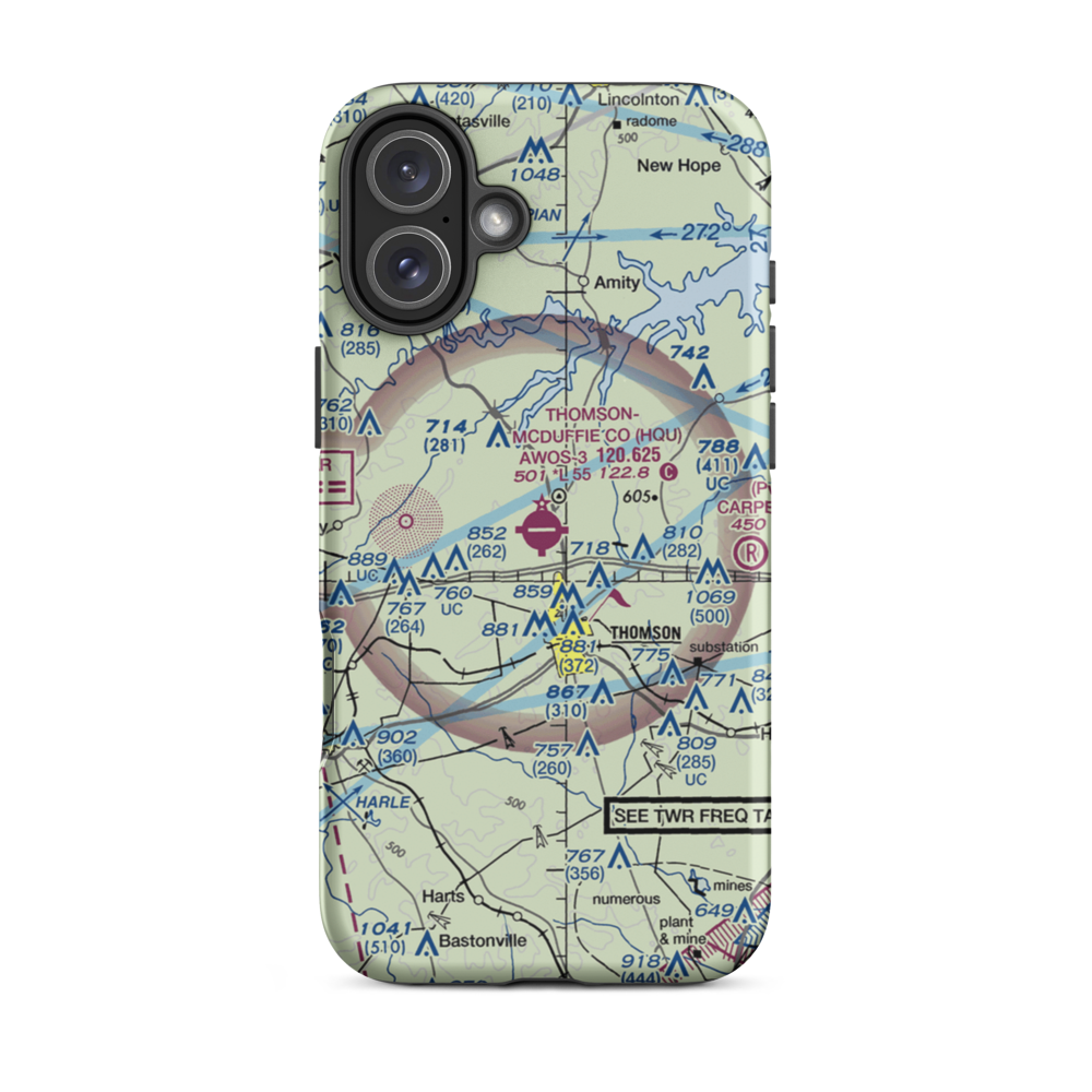 Thomson-McDuffie County Airport (HQU) VFR Sectional  Tough iPhone Case iPhone 16 Plus model shown