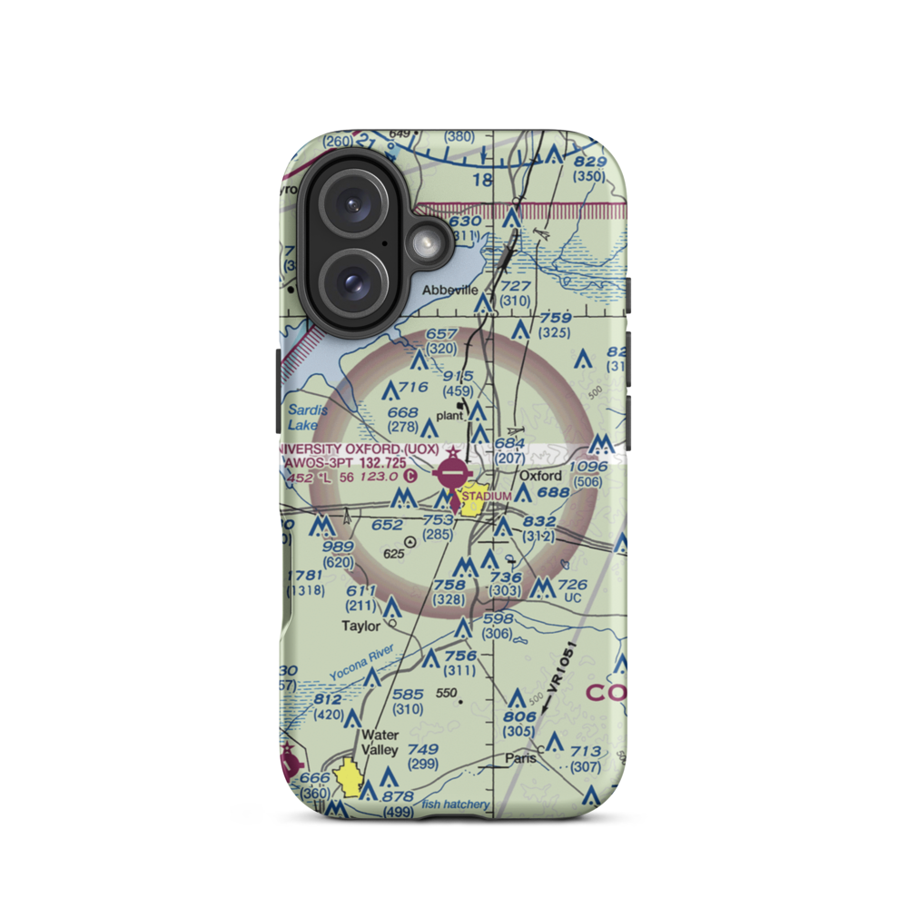 University Oxford Airport (UOX) VFR Sectional  Tough iPhone Case iPhone 16 model shown