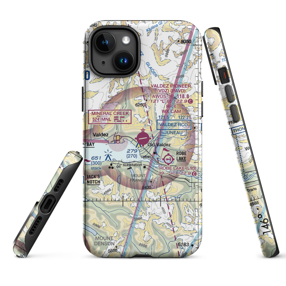 Valdez Pioneer Field (VDZ) VFR Sectional  Tough iPhone Case iPhone 15 Plus model shown