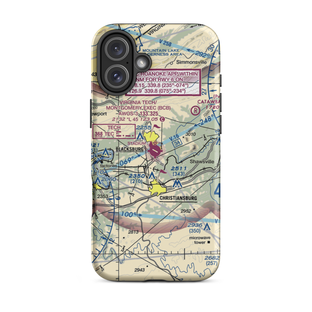 Virginia Tech Montgomery Executive Airport (BCB) VFR Sectional  Tough iPhone Case iPhone 16 Plus model shown
