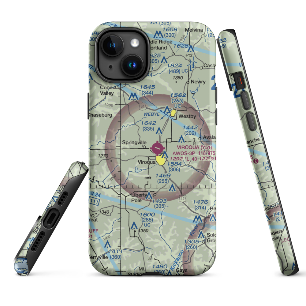 Viroqua Municipal Airport (Y51) VFR Sectional  Tough iPhone Case iPhone 15 Plus model shown