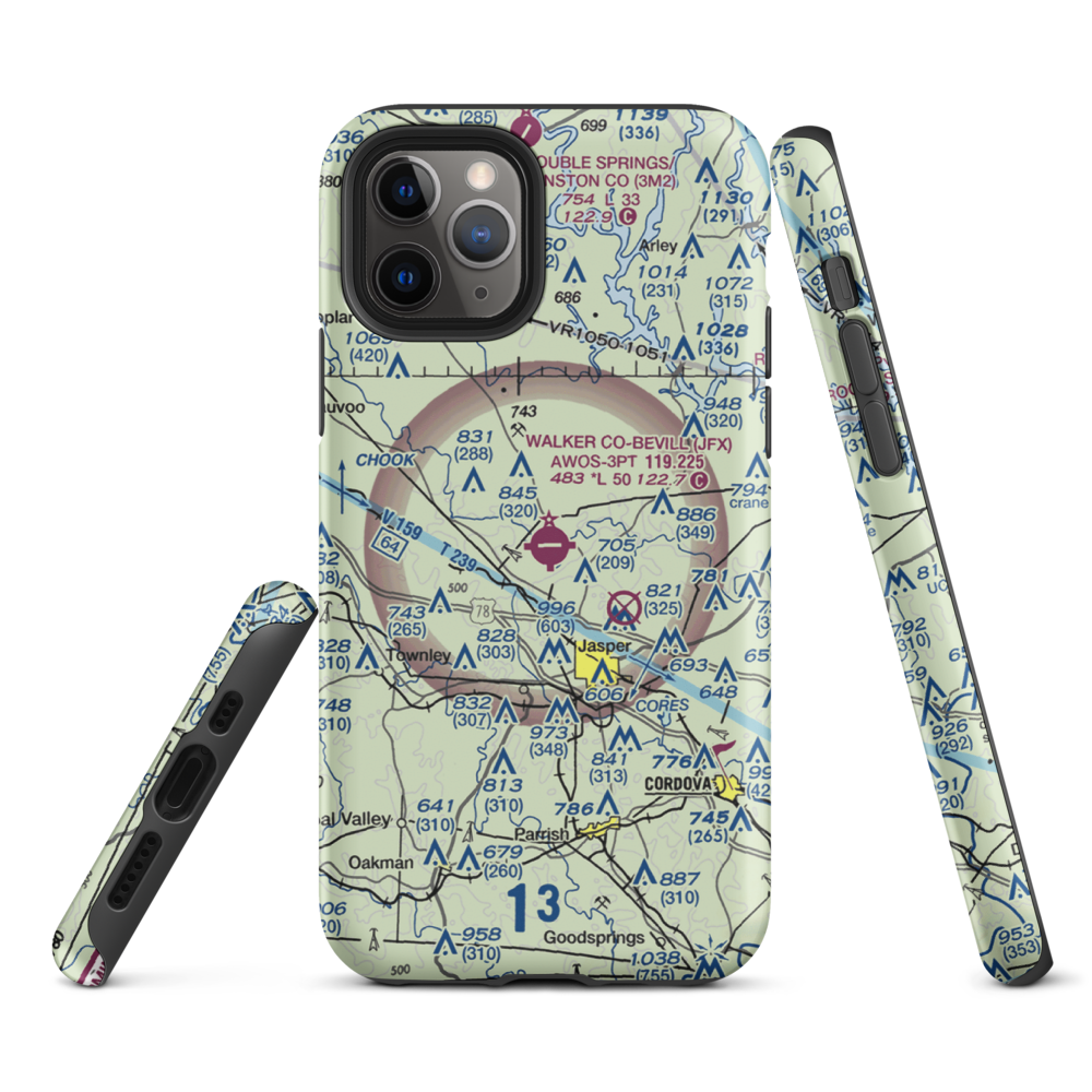 Walker County Airport-Bevill Field (JFX) VFR Sectional  Tough iPhone Case iPhone 11 Pro model shown