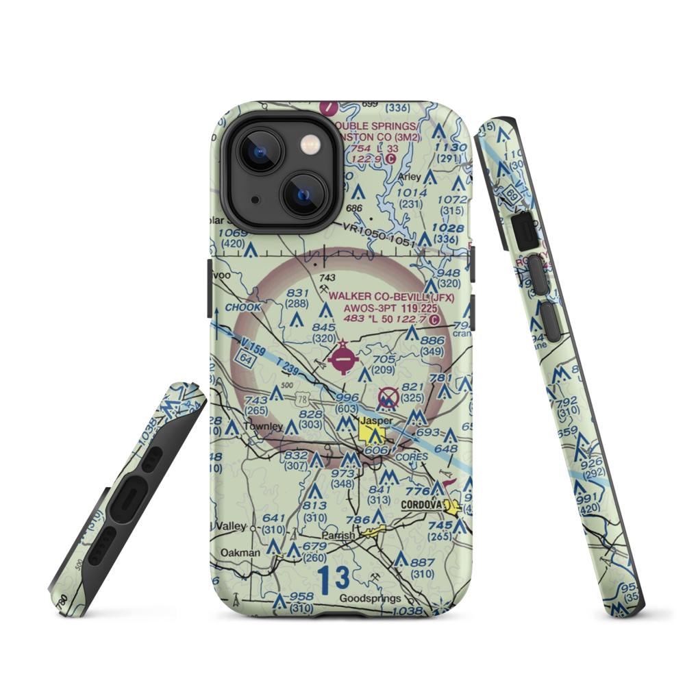 Walker County Airport-Bevill Field (JFX) VFR Sectional  Tough iPhone Case iPhone 14 model shown