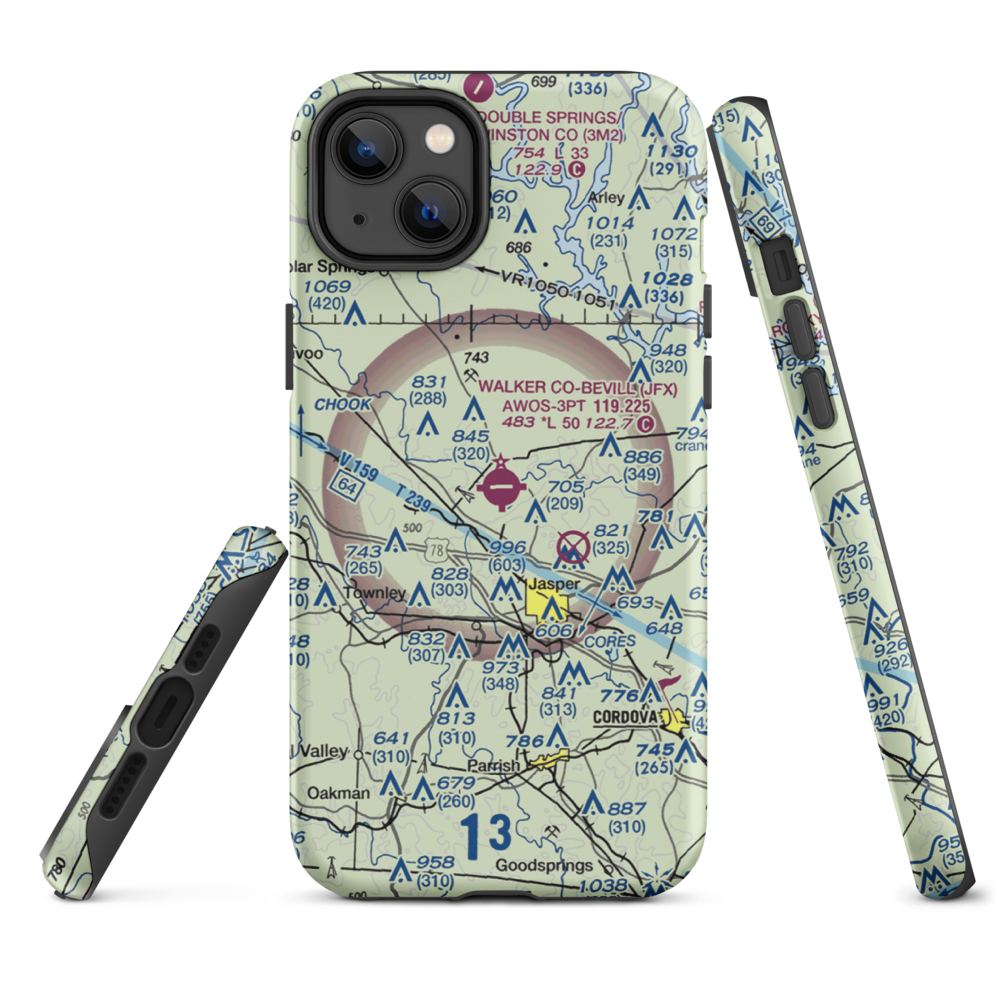 Walker County Airport-Bevill Field (JFX) VFR Sectional  Tough iPhone Case iPhone 14 Plus model shown