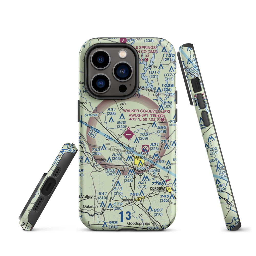 Walker County Airport-Bevill Field (JFX) VFR Sectional  Tough iPhone Case iPhone 14 Pro model shown