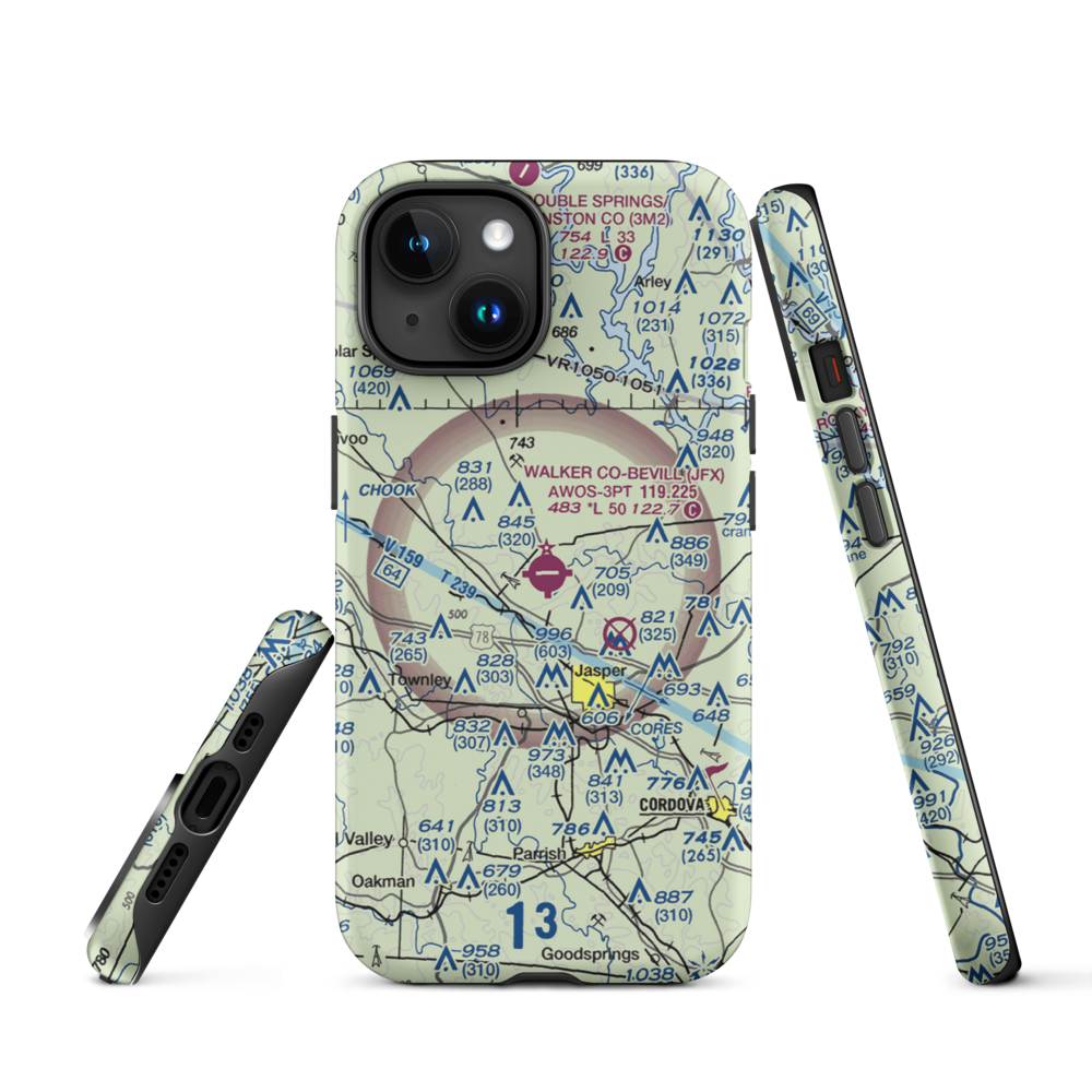 Walker County Airport-Bevill Field (JFX) VFR Sectional  Tough iPhone Case iPhone 15 model shown
