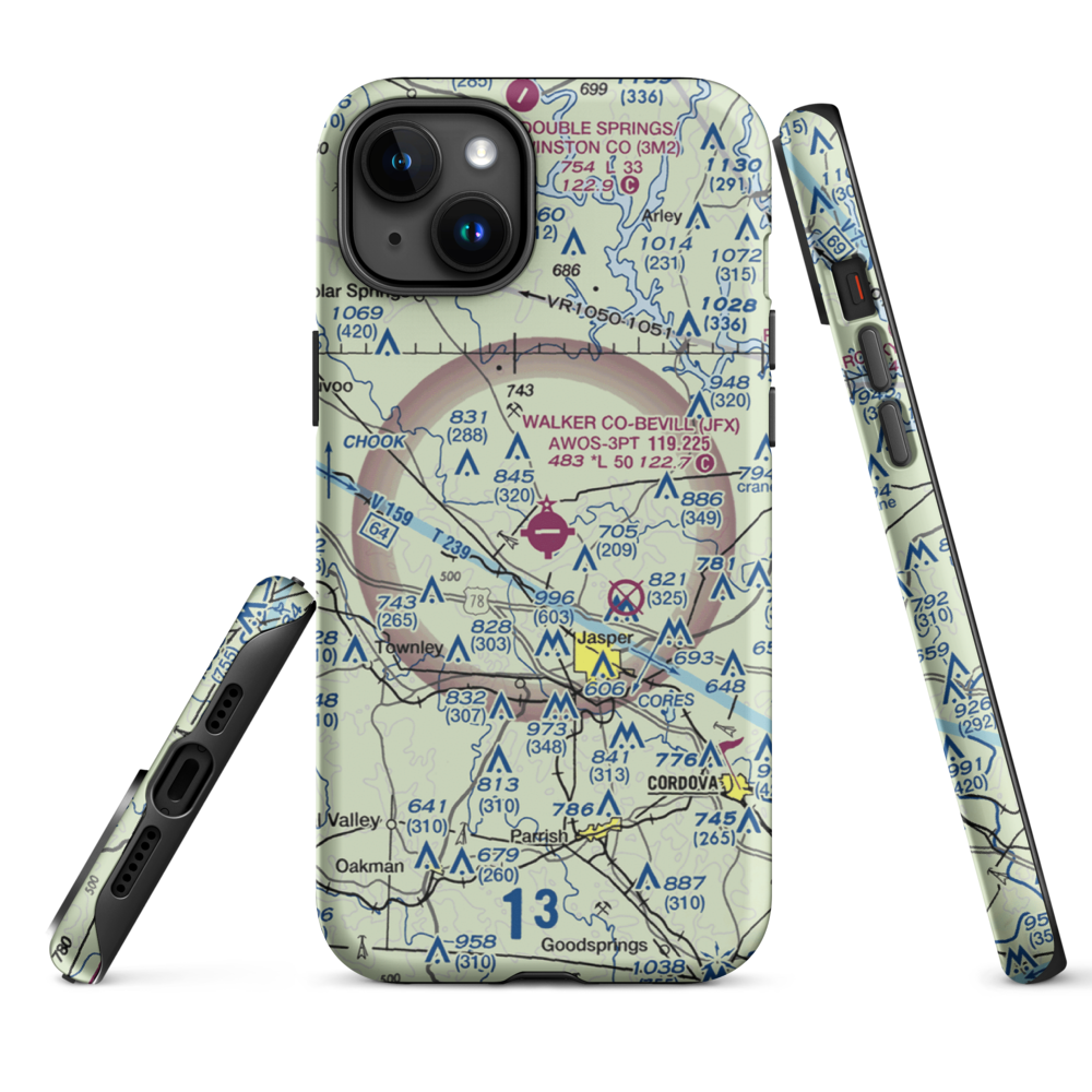 Walker County Airport-Bevill Field (JFX) VFR Sectional  Tough iPhone Case iPhone 15 Plus model shown