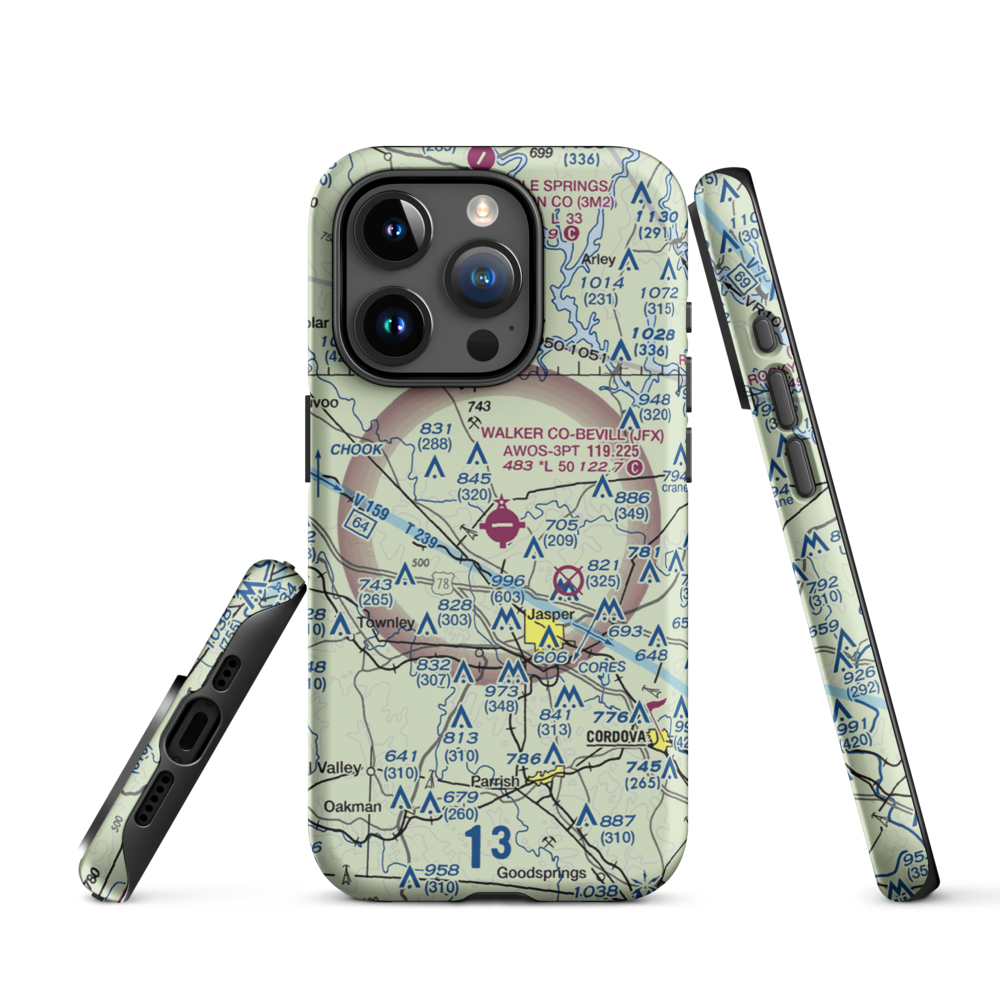 Walker County Airport-Bevill Field (JFX) VFR Sectional  Tough iPhone Case iPhone 15 Pro model shown