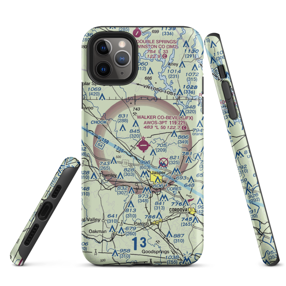 Walker County Airport-Bevill Field (JFX) VFR Sectional  Tough iPhone Case iPhone 11 Pro Max model shown