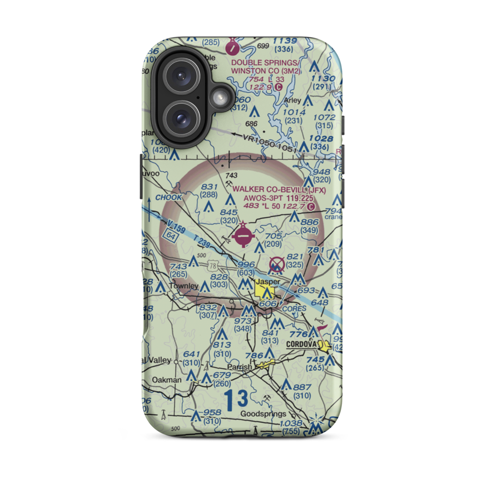 Walker County Airport-Bevill Field (JFX) VFR Sectional  Tough iPhone Case iPhone 16 Plus model shown